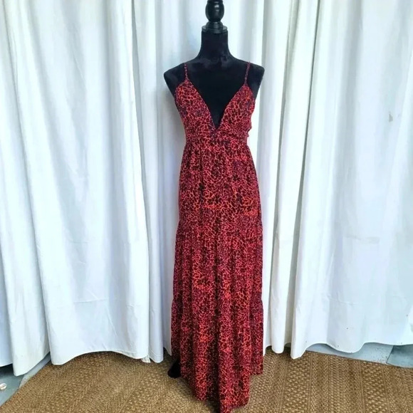NWT AMERICA and BEYOND Lace-Up Back Red Tiered Sheer Maxi Dress Cover up M - Picture 1 of 11